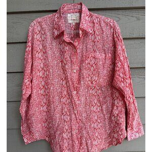 Bell Boutique Red Pink Leaf Print Button Down Blouse 10